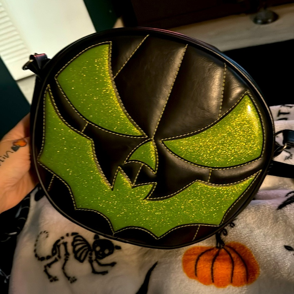 Love pain and stitches leather HANDCRAFTED green glitter batmouth bag